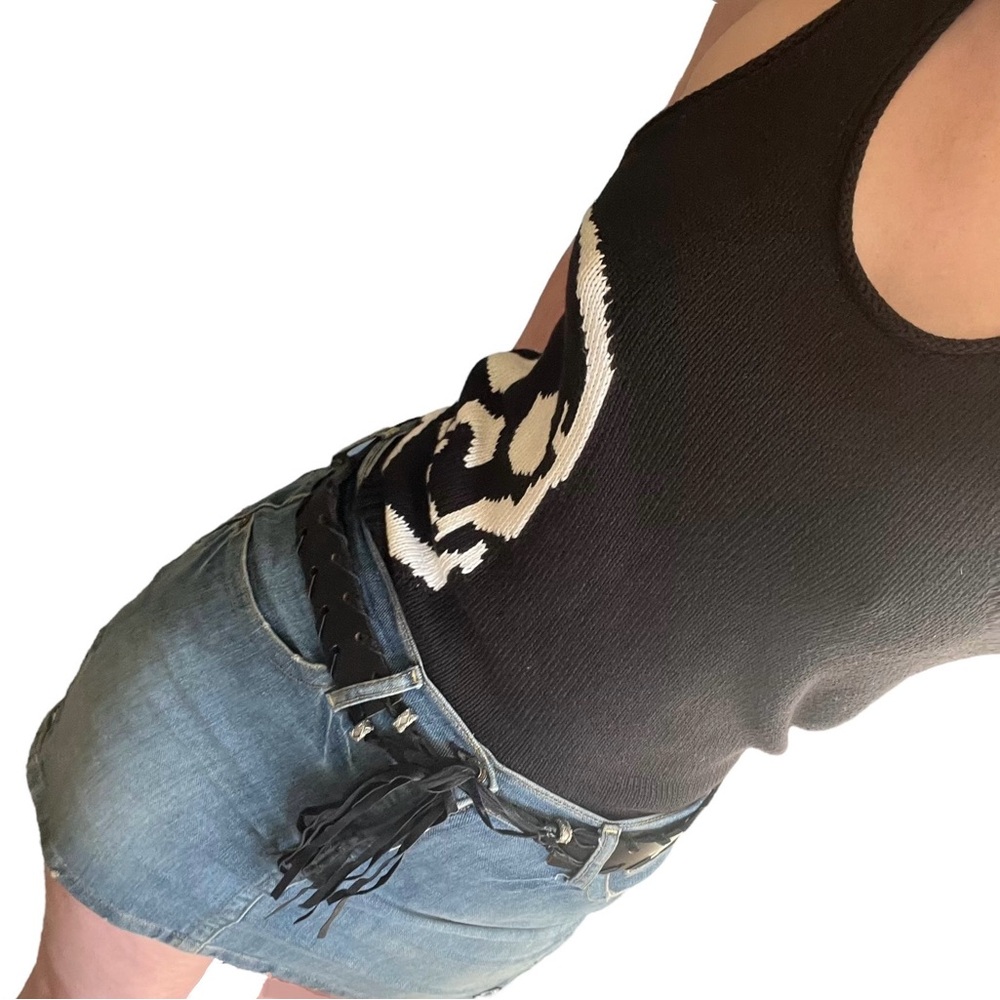 Late Y2K Skull Cashmere 100% Cotton Skull Print Black Knit Scoop Neck Tank - Picture 3 of 11